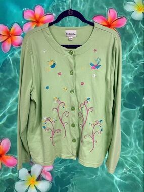 Vintage Breckenridge green patchwork floral birdies long sleeve button up